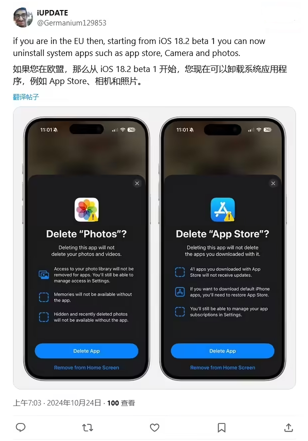 青云谱苹果手机维修分享iOS 18.2 支持删除 App Store 应用商店 